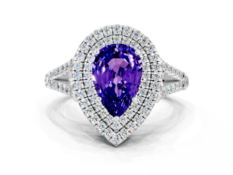White gold Pear Cut Tanzanite Double Halo Ring with Pavé Band and Prong Setting_12