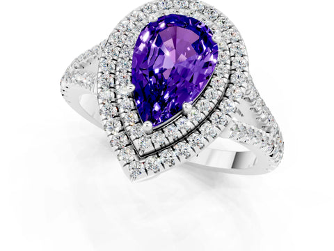 White gold Pear Cut Tanzanite Double Halo Ring with Pavé Band and Prong Setting_13