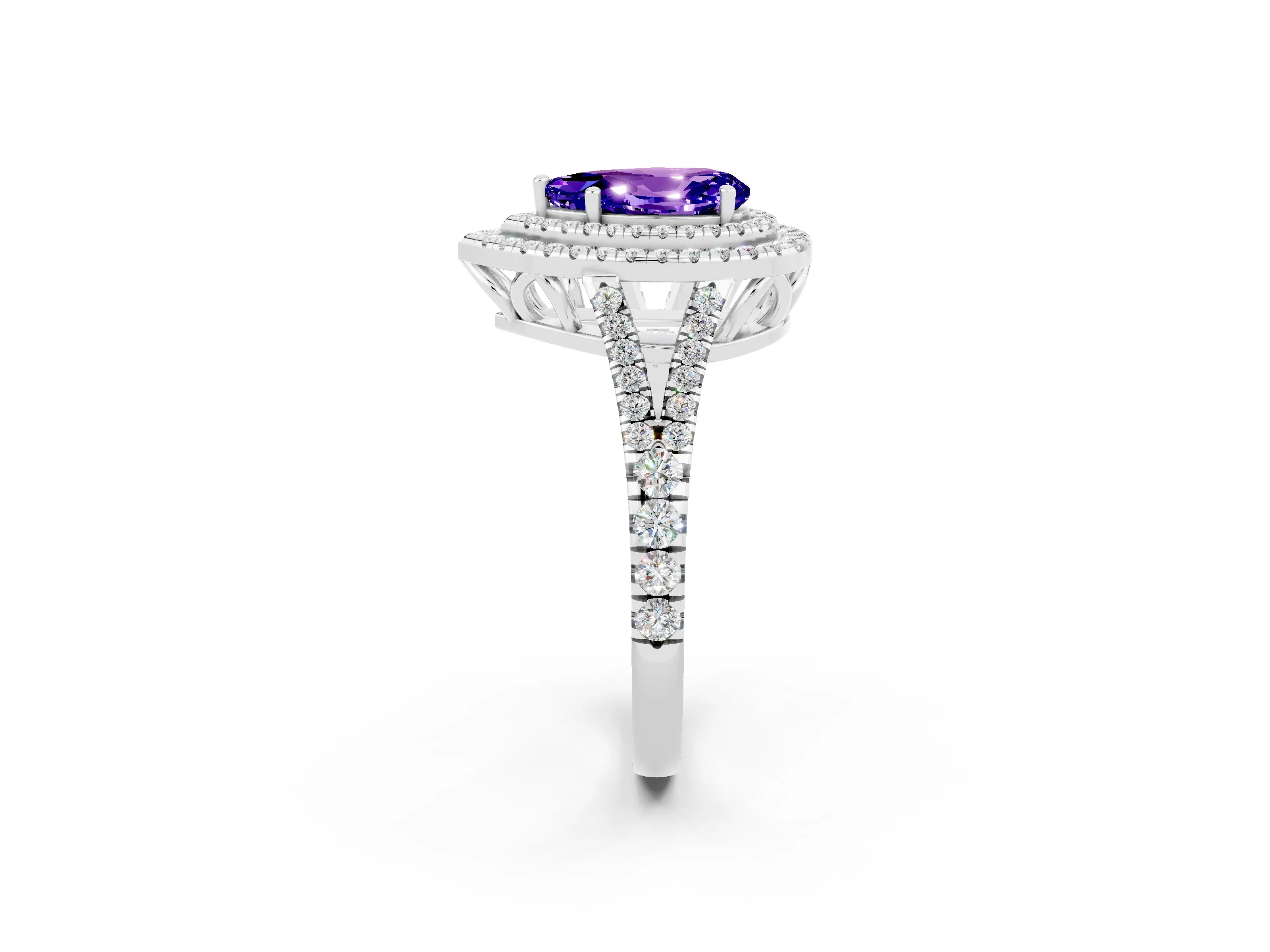 White gold Pear Cut Tanzanite Double Halo Ring with Pavé Band and Prong Setting_14