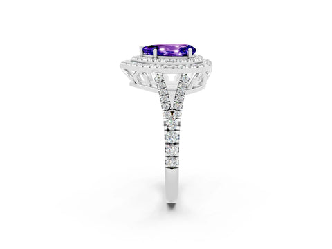 White gold Pear Cut Tanzanite Double Halo Ring with Pavé Band and Prong Setting_14