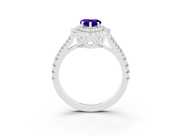 Platinum Pear Cut Tanzanite Double Halo Ring with Pavé Band and Prong Setting