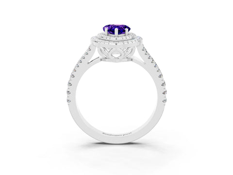 White gold Pear Cut Tanzanite Double Halo Ring with Pavé Band and Prong Setting_15