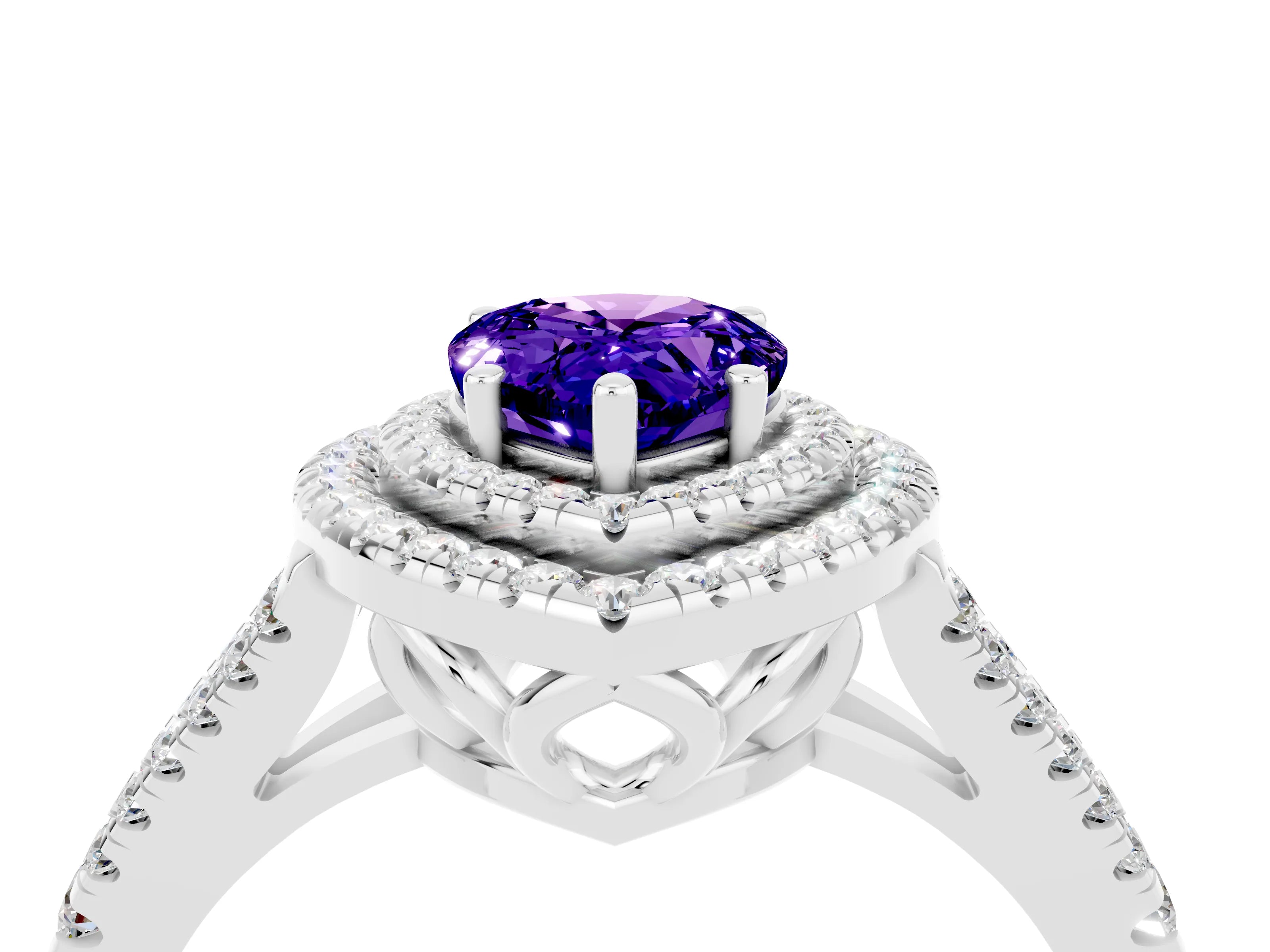 White gold Pear Cut Tanzanite Double Halo Ring with Pavé Band and Prong Setting_16