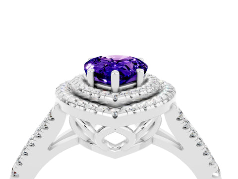 White gold Pear Cut Tanzanite Double Halo Ring with Pavé Band and Prong Setting_16