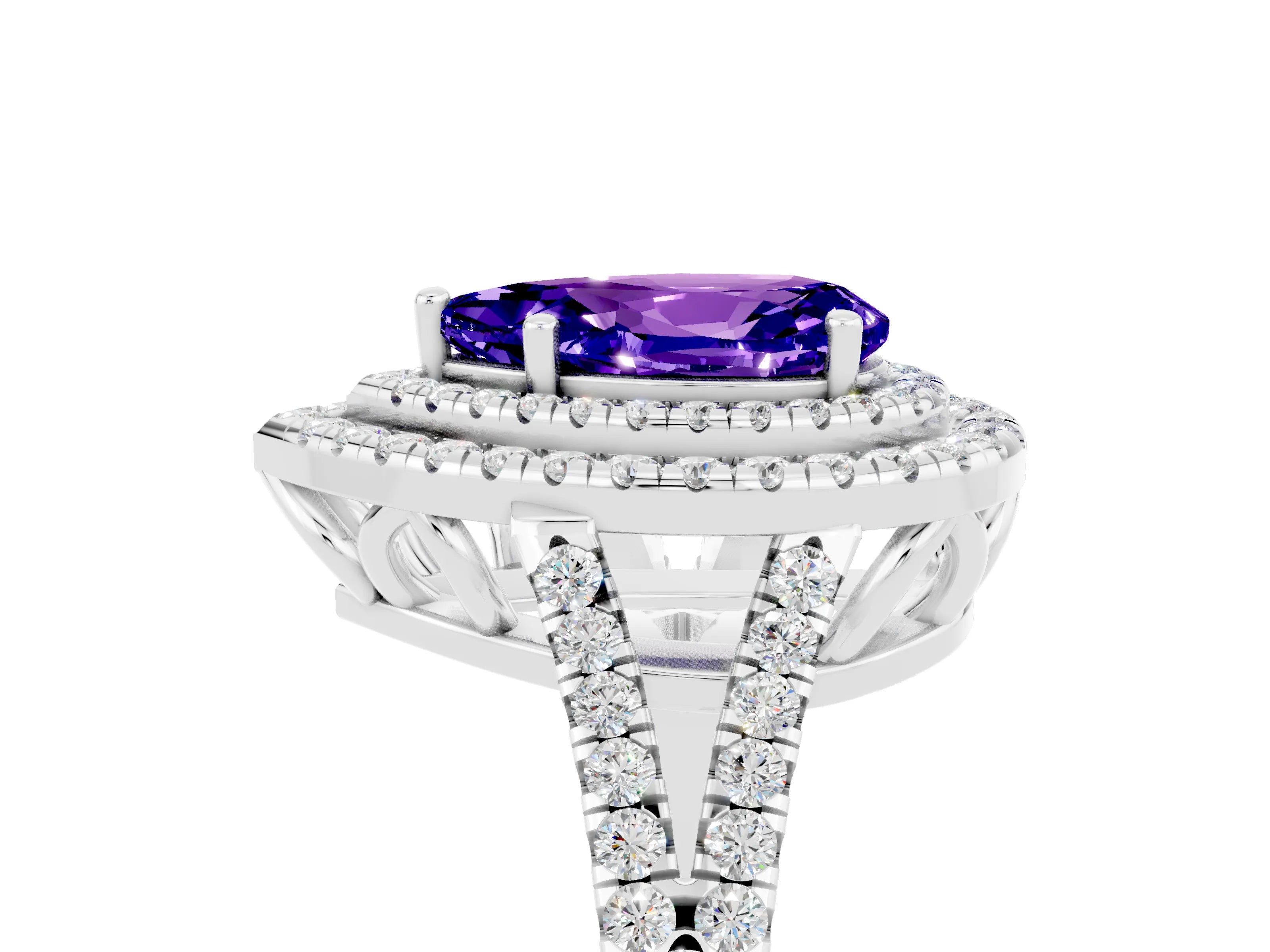 White gold Pear Cut Tanzanite Double Halo Ring with Pavé Band and Prong Setting_17