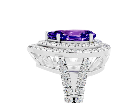 White gold Pear Cut Tanzanite Double Halo Ring with Pavé Band and Prong Setting_17