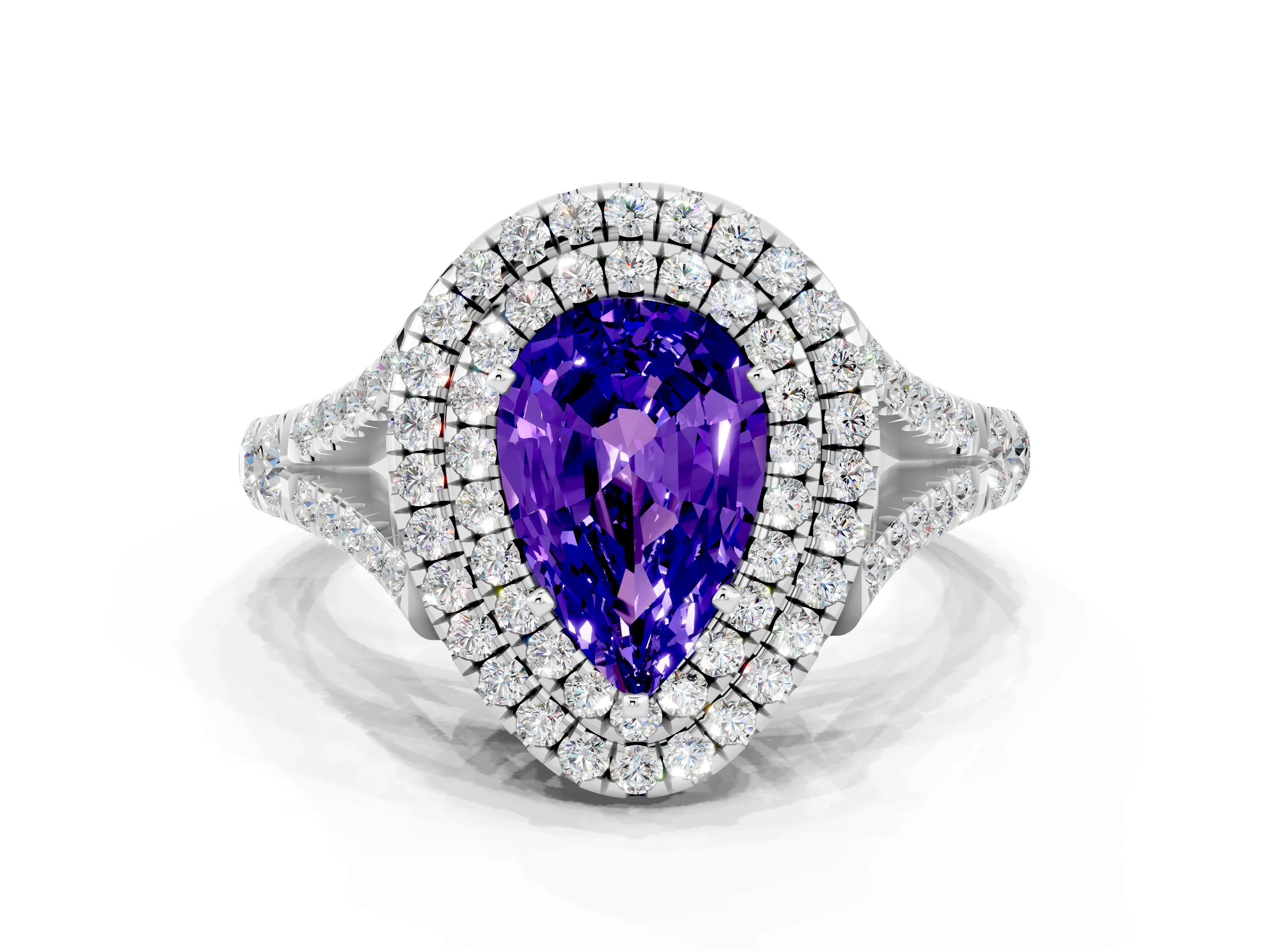 White gold Pear Cut Tanzanite Double Halo Ring with Split Shank and Prong Setting_12