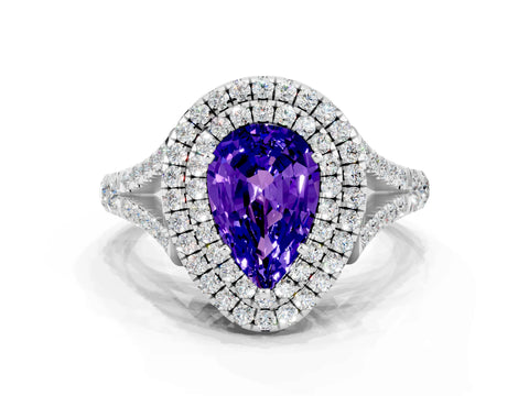 White gold Pear Cut Tanzanite Double Halo Ring with Split Shank and Prong Setting_12