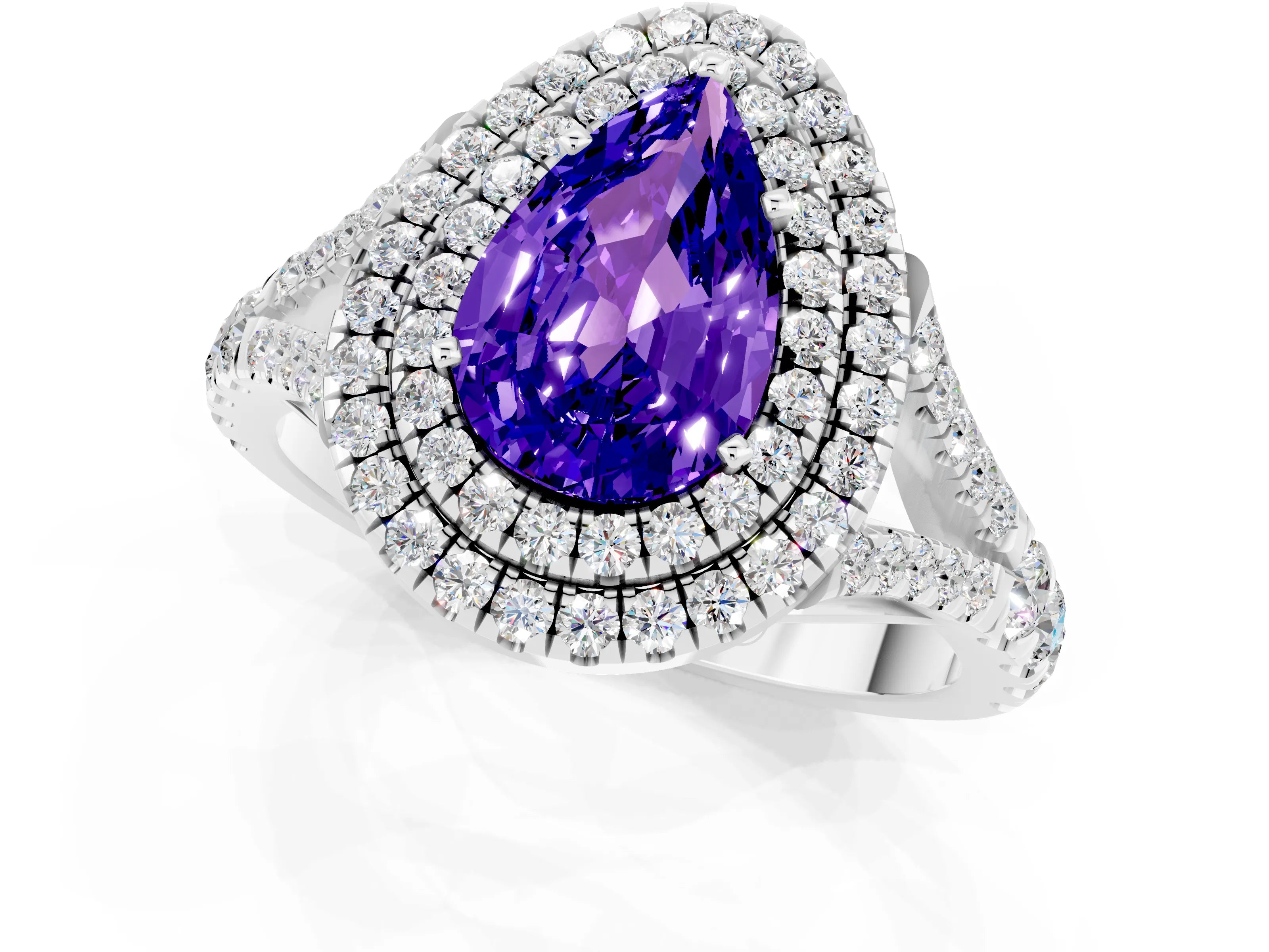 White gold Pear Cut Tanzanite Double Halo Ring with Split Shank and Prong Setting_13