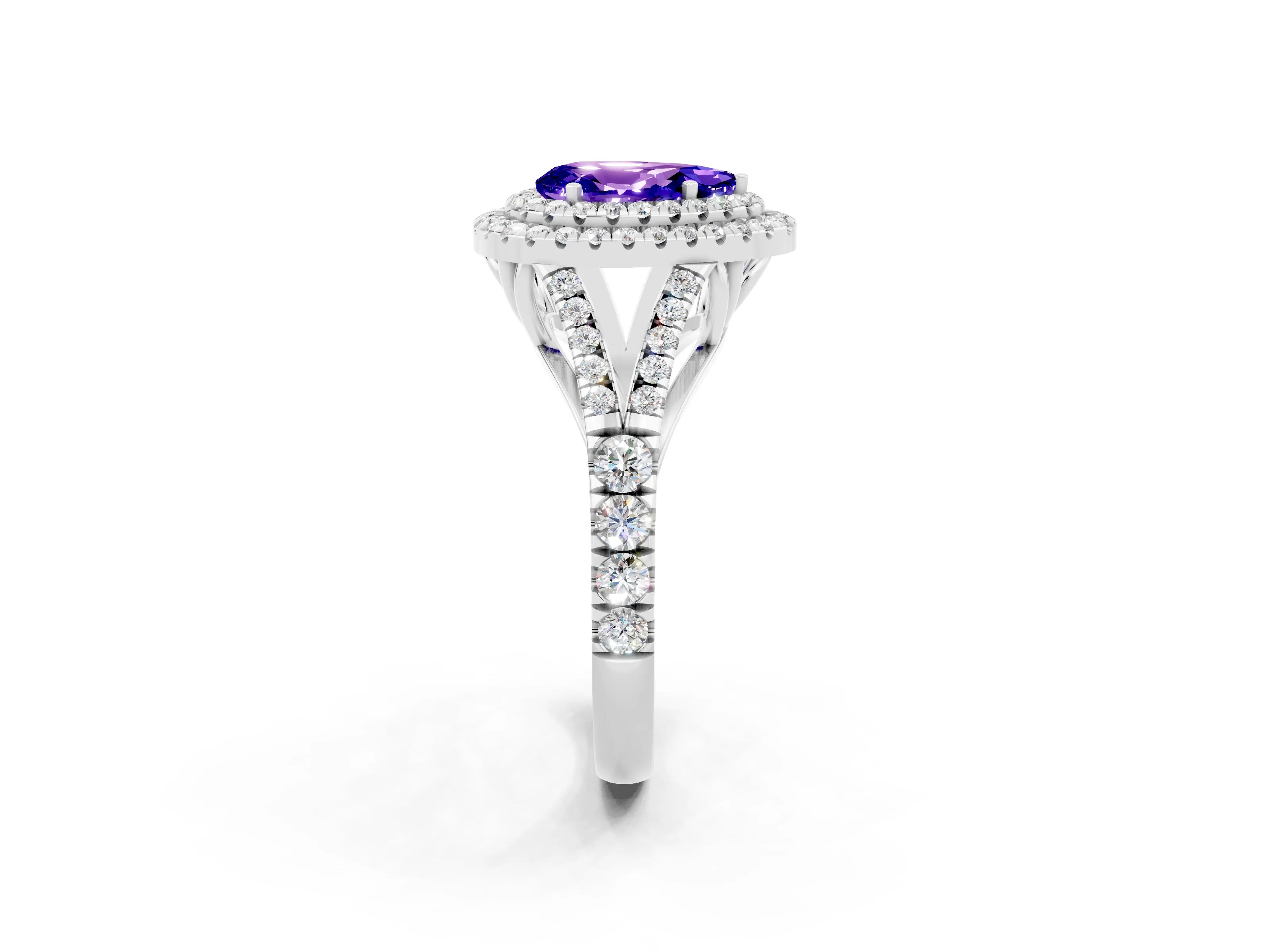White gold Pear Cut Tanzanite Double Halo Ring with Split Shank and Prong Setting_14
