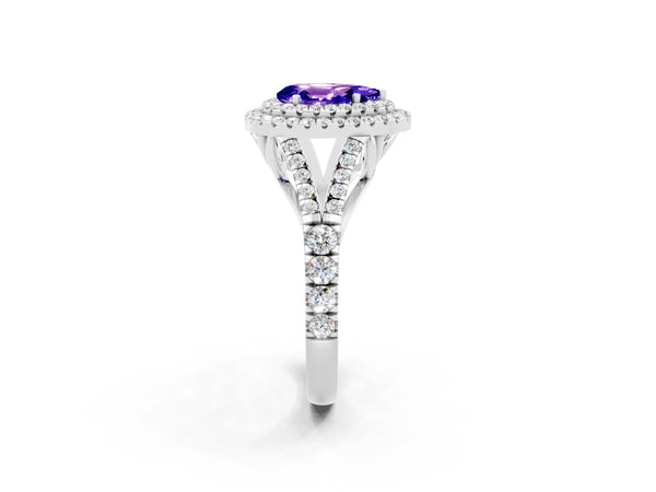 Silver Pear Cut Tanzanite Double Halo Ring with Split Shank and Prong Setting