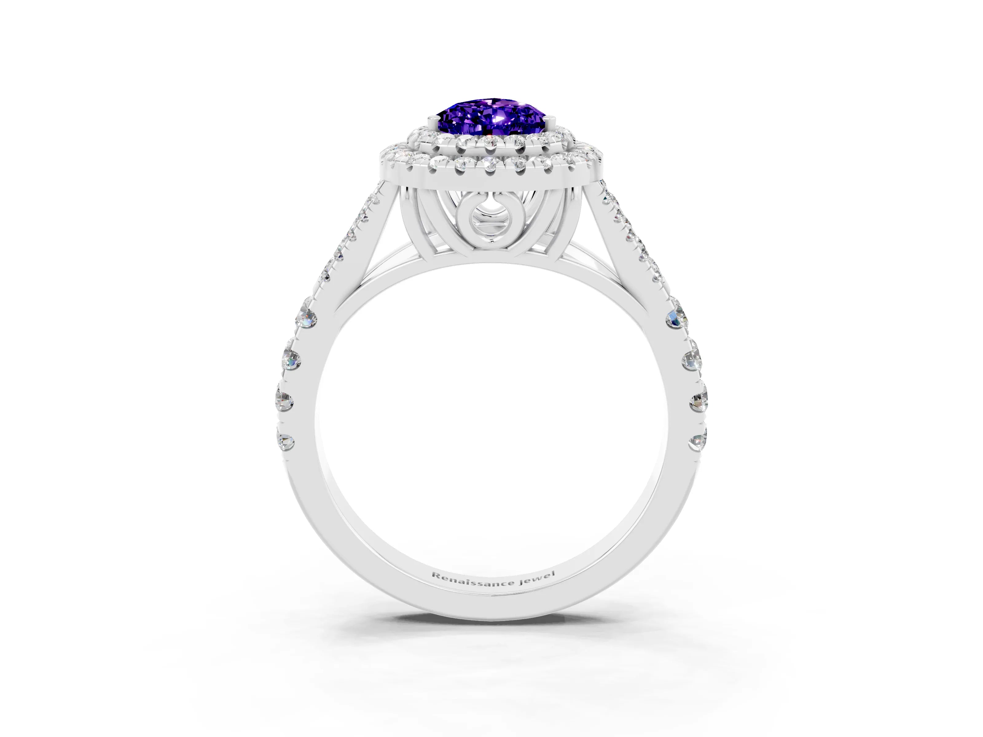 White gold Pear Cut Tanzanite Double Halo Ring with Split Shank and Prong Setting_15