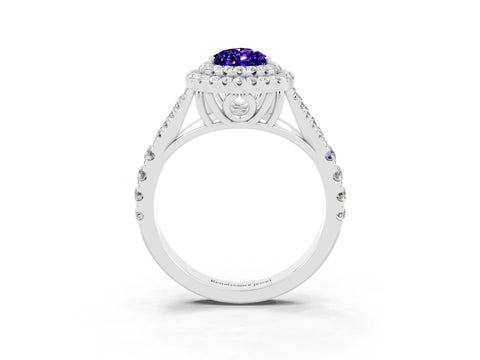 White gold Pear Cut Tanzanite Double Halo Ring with Split Shank and Prong Setting_15