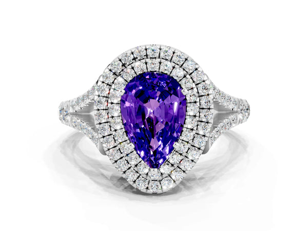 White gold Pear Cut Tanzanite Double Halo Ring with Split Shank and Prong Setting