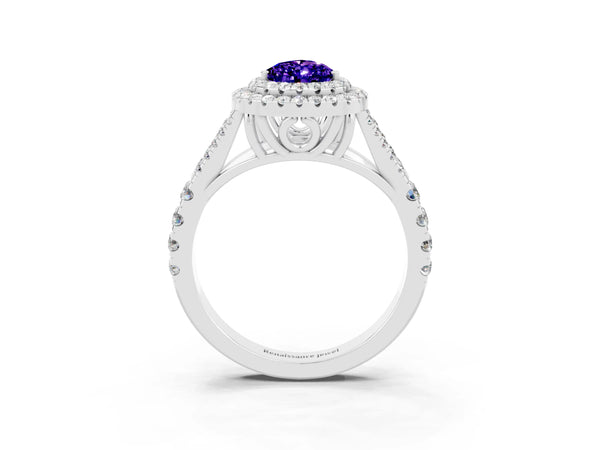 White gold Pear Cut Tanzanite Double Halo Ring with Split Shank and Prong Setting