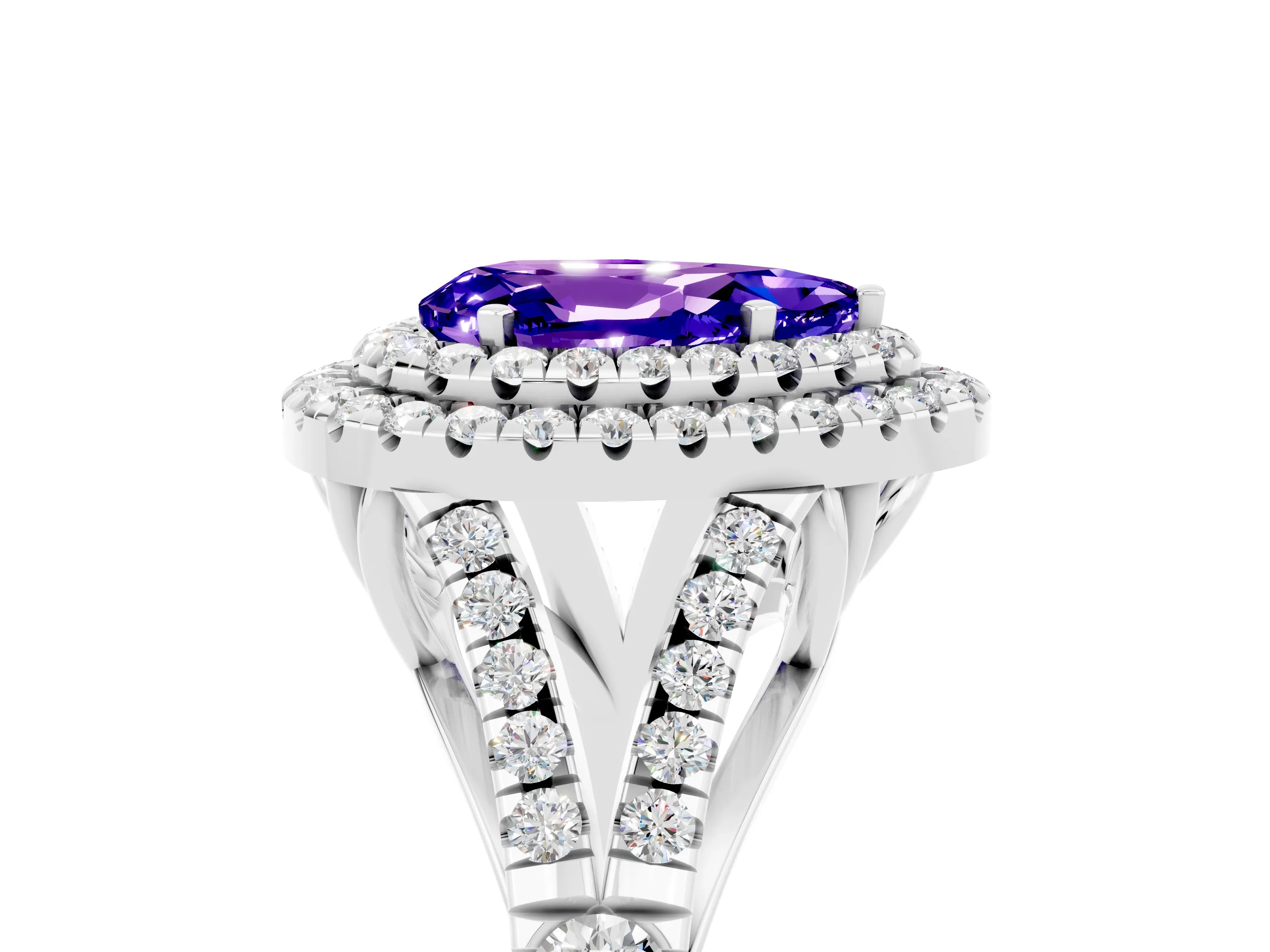 White gold Pear Cut Tanzanite Double Halo Ring with Split Shank and Prong Setting_29