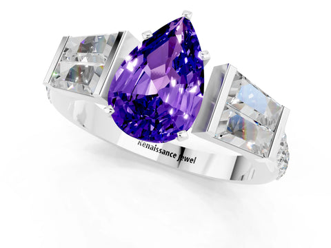 White gold Pear Cut Tanzanite Engagement Ring with Baguette Side Stones and Channel Set Band_1