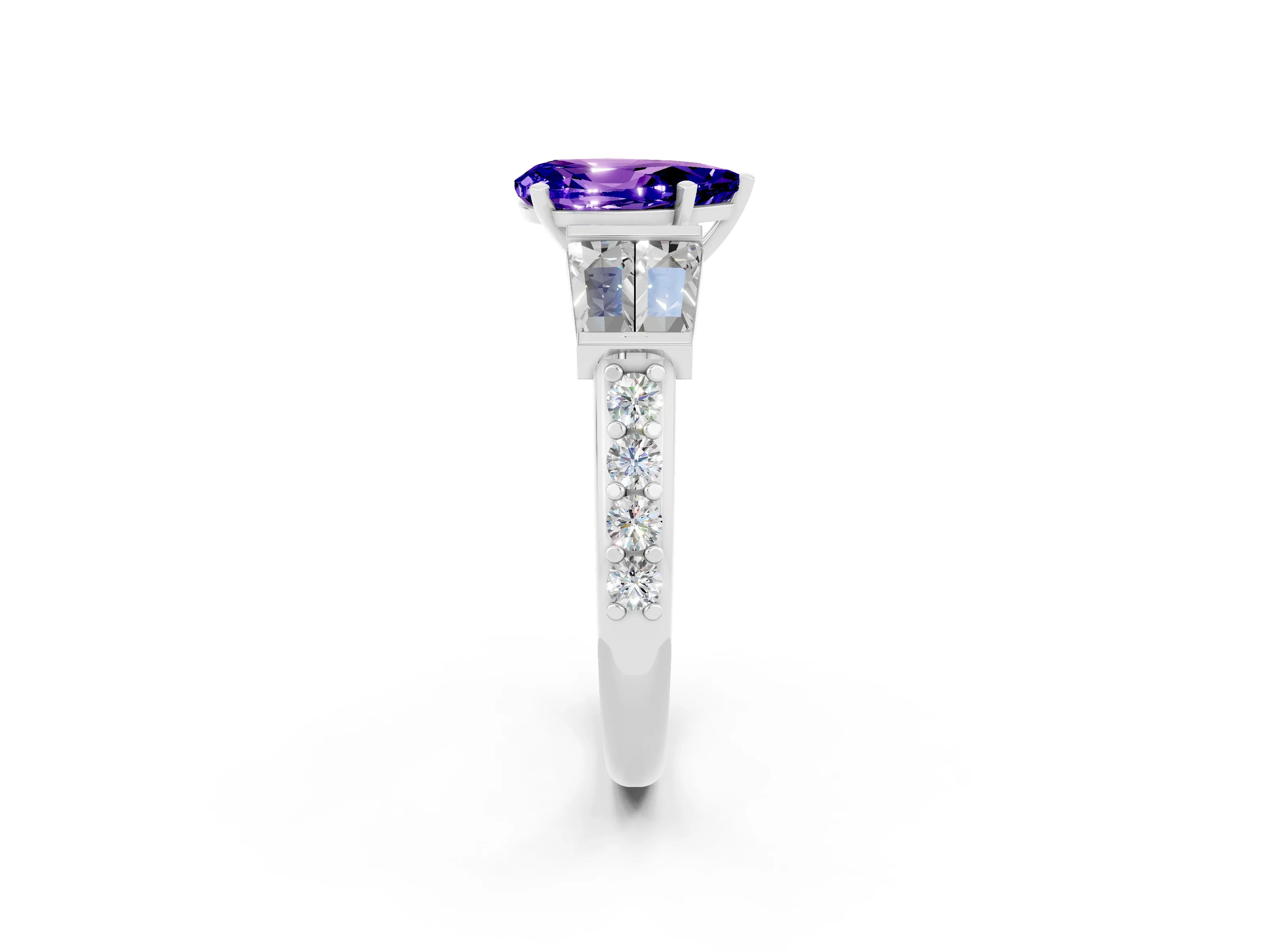 White gold Pear Cut Tanzanite Engagement Ring with Baguette Side Stones and Channel Set Band_2