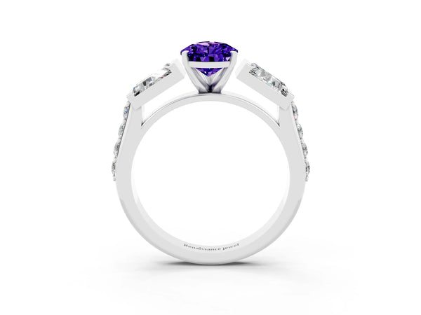 Platinum Pear Cut Tanzanite Engagement Ring with Baguette Side Stones and Channel Set Band