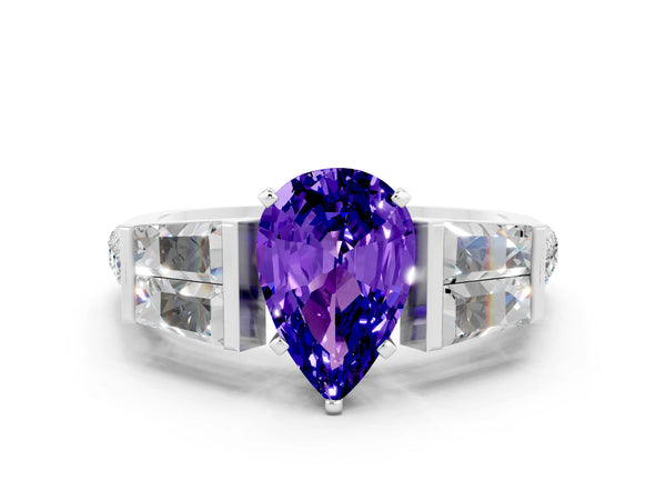Silver Pear Cut Tanzanite Engagement Ring with Baguette Side Stones and Channel Set Band
