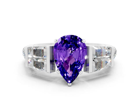 White gold Pear Cut Tanzanite Engagement Ring with Baguette Side Stones and Channel Set Band
