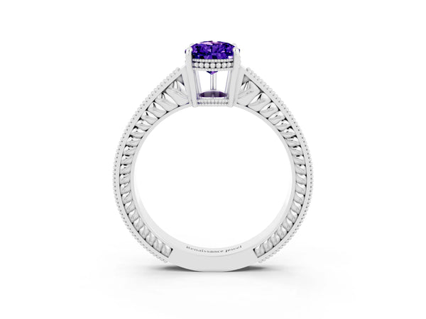 Platinum Pear Cut Tanzanite Engagement Ring with Milgrain Channel Set Band and Prong Setting