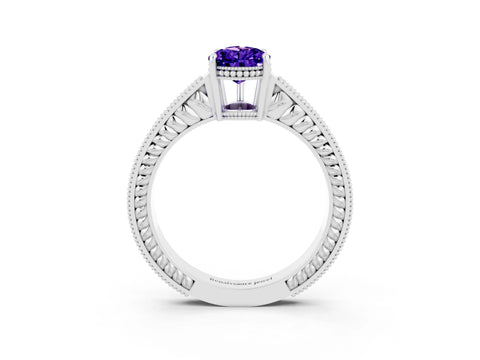 White gold Pear Cut Tanzanite Engagement Ring with Milgrain Channel Set Band and Prong Setting_3