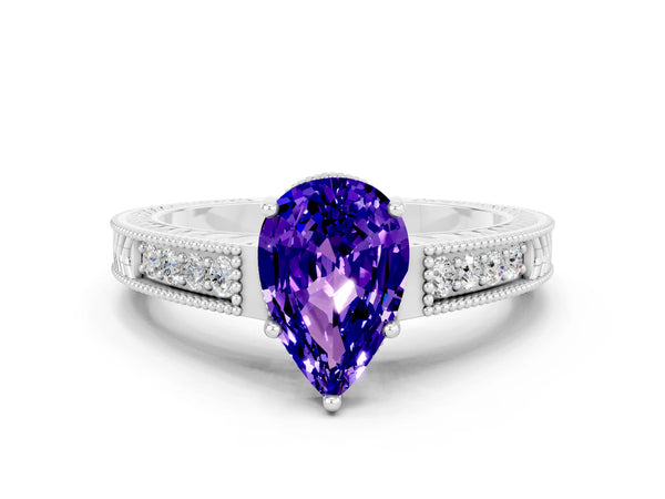 White gold Pear Cut Tanzanite Engagement Ring with Milgrain Channel Set Band and Prong Setting