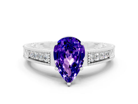 White gold Pear Cut Tanzanite Engagement Ring with Milgrain Channel Set Band and Prong Setting