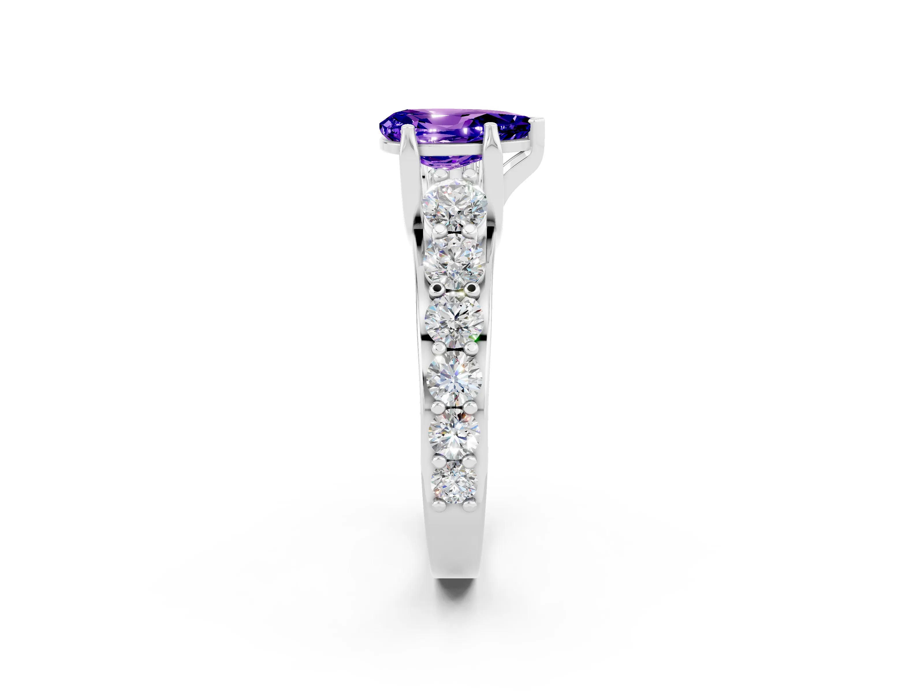 White gold Pear Cut Tanzanite Engagement Ring with Pavé Band and Four-Prong Setting_2