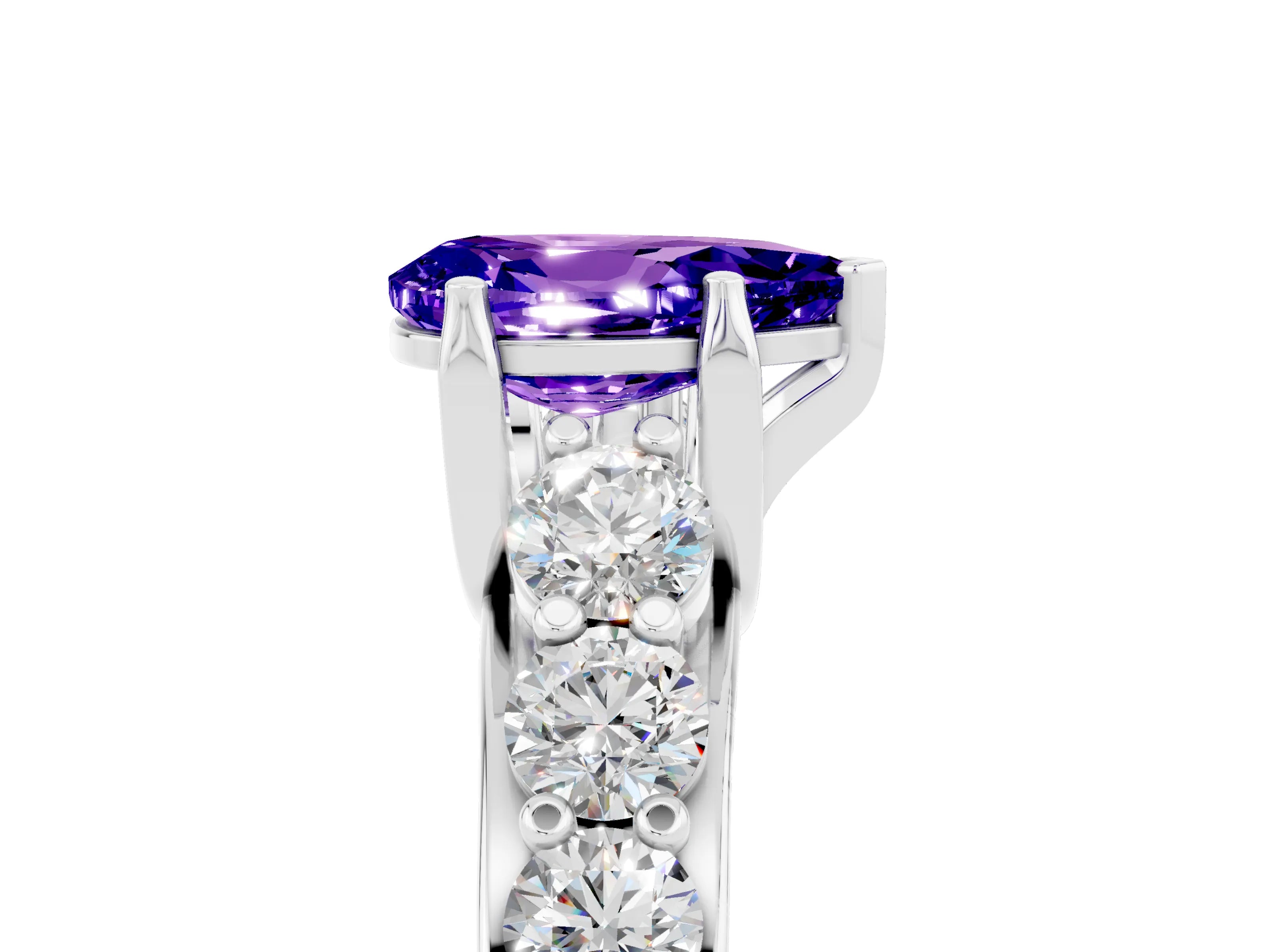 White gold Pear Cut Tanzanite Engagement Ring with Pavé Band and Four-Prong Setting_5