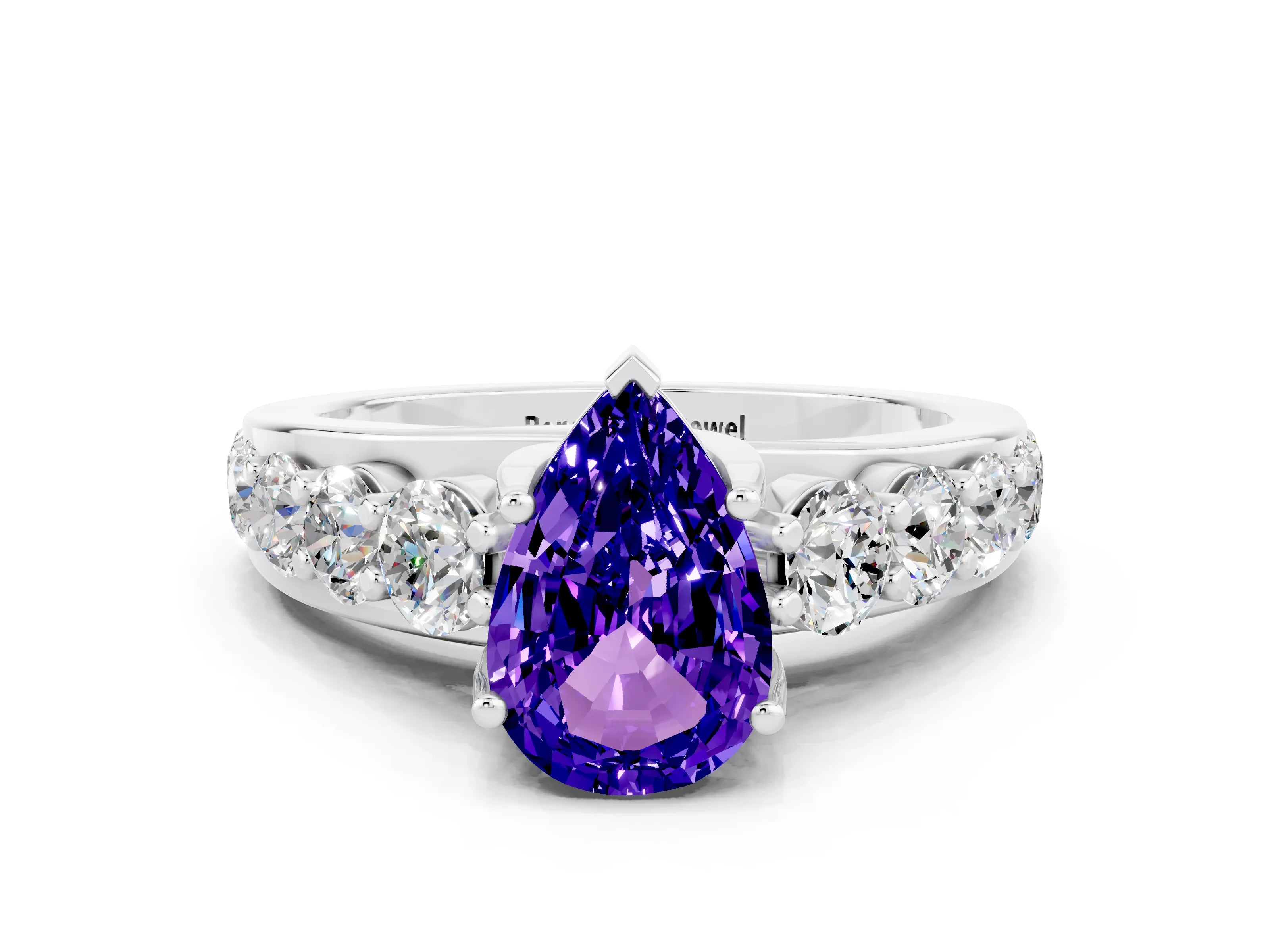 White gold Pear Cut Tanzanite Engagement Ring with Pavé Band and Four-Prong Setting