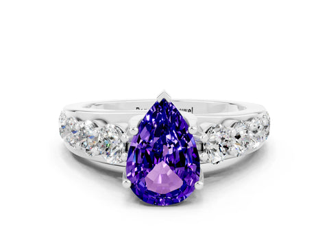 White gold Pear Cut Tanzanite Engagement Ring with Pavé Band and Four-Prong Setting
