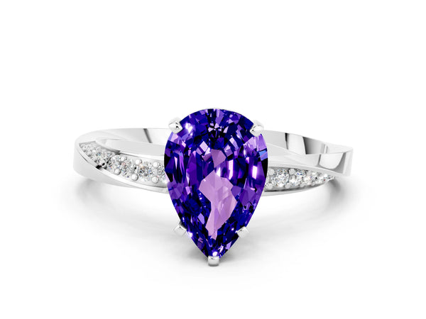 White gold Pear Cut Tanzanite Engagement Ring with Side Stone Accents and Four-Prong Setting