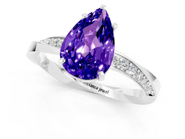White gold Pear Cut Tanzanite Engagement Ring with Side Stone Accents and Four-Prong Setting