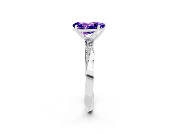 White gold Pear Cut Tanzanite Engagement Ring with Side Stone Accents and Four-Prong Setting