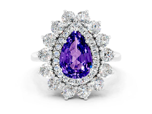 Silver Pear Cut Tanzanite Floral Double Halo Engagement Ring with Prong Setting