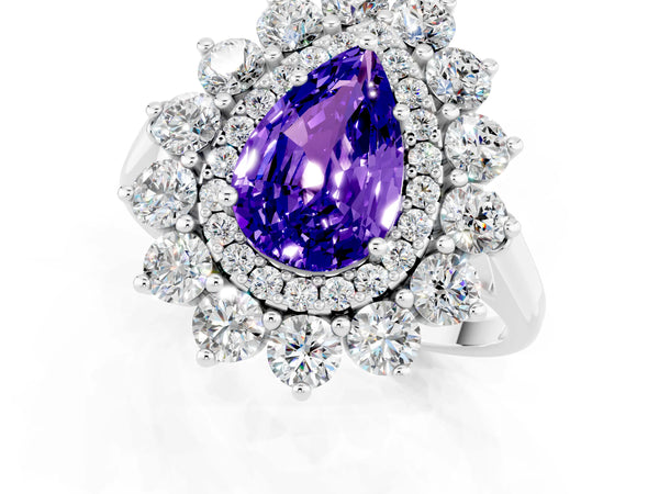 Platinum Pear Cut Tanzanite Floral Double Halo Engagement Ring with Prong Setting