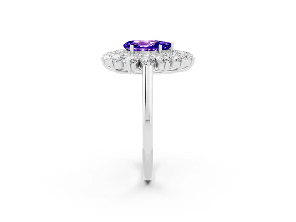 Silver Pear Cut Tanzanite Floral Double Halo Engagement Ring with Prong Setting