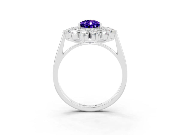 Silver Pear Cut Tanzanite Floral Double Halo Engagement Ring with Prong Setting