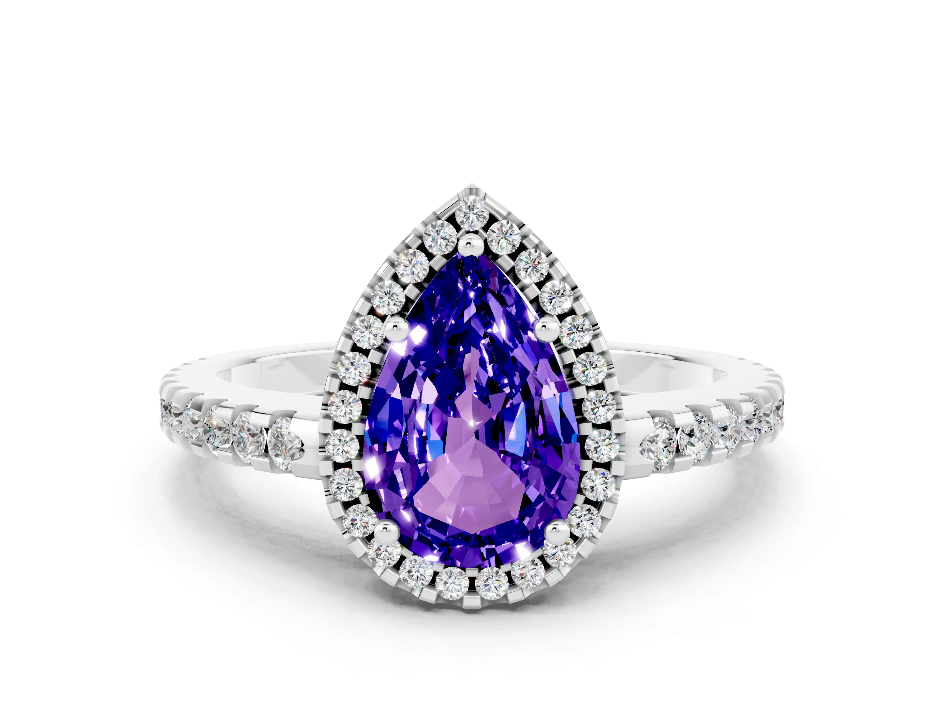 White gold Pear Cut Tanzanite Halo Engagement Ring with Pavé Band and Prong Setting_12