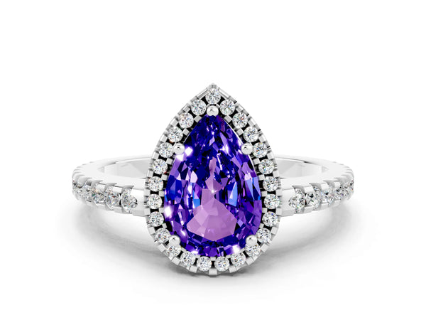 White gold Pear Cut Tanzanite Halo Engagement Ring with Pavé Band and Prong Setting