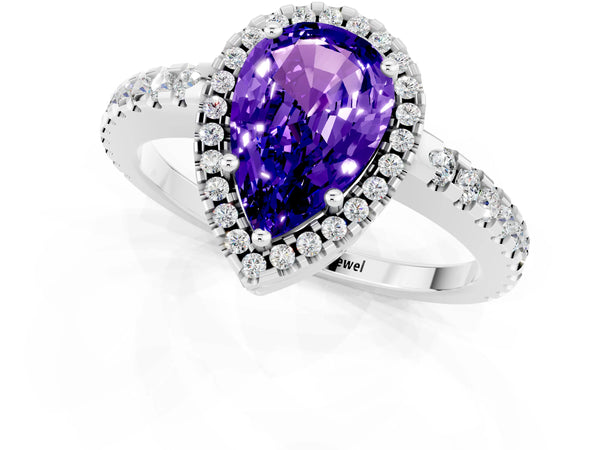 White gold Pear Cut Tanzanite Halo Engagement Ring with Pavé Band and Prong Setting