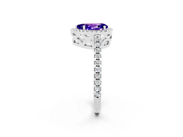 White gold Pear Cut Tanzanite Halo Engagement Ring with Pavé Band and Prong Setting