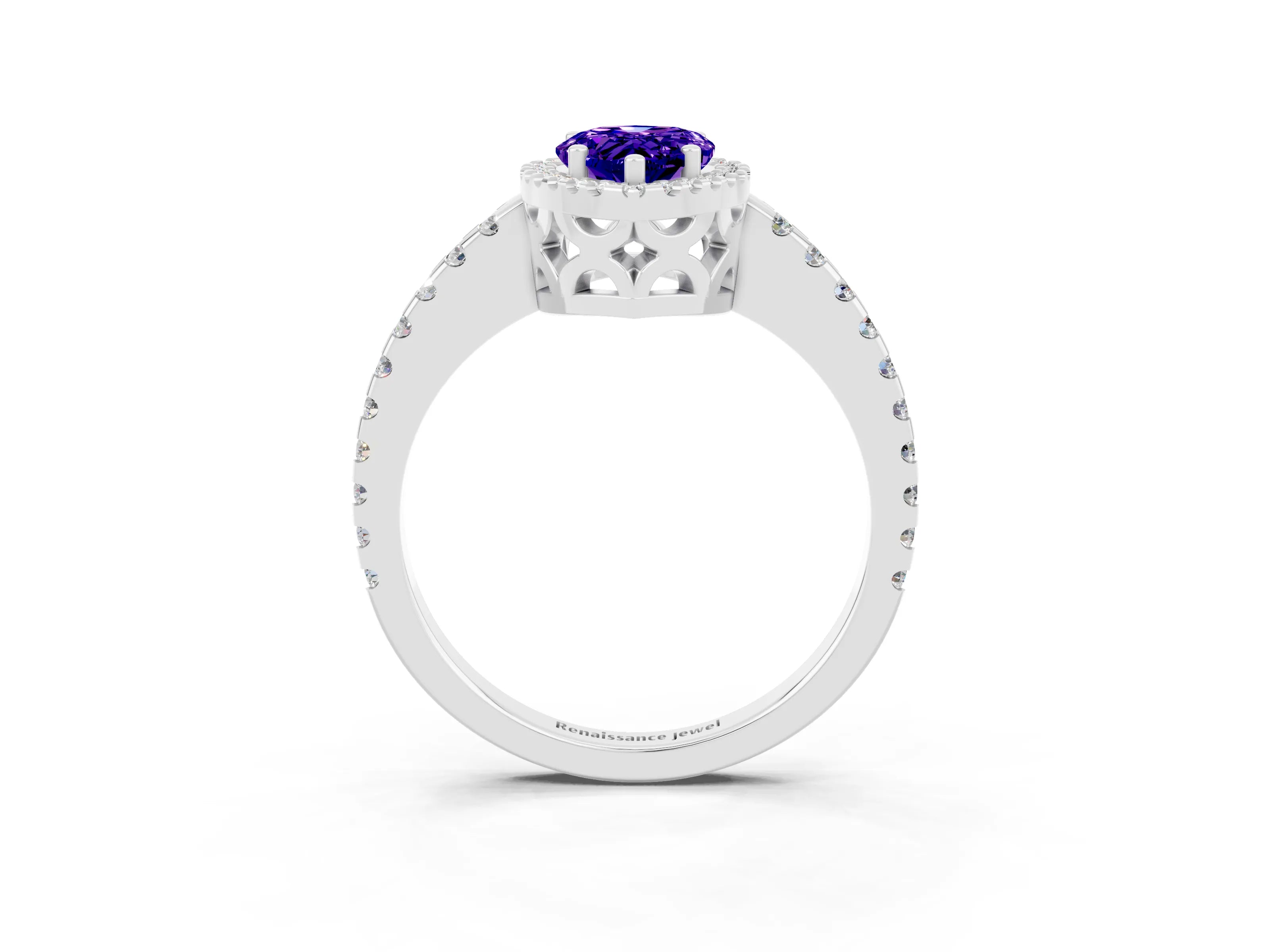 White gold Pear Cut Tanzanite Halo Engagement Ring with Pavé Band and Prong Setting_15
