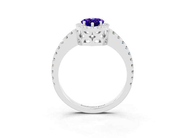 White gold Pear Cut Tanzanite Halo Engagement Ring with Pavé Band and Prong Setting