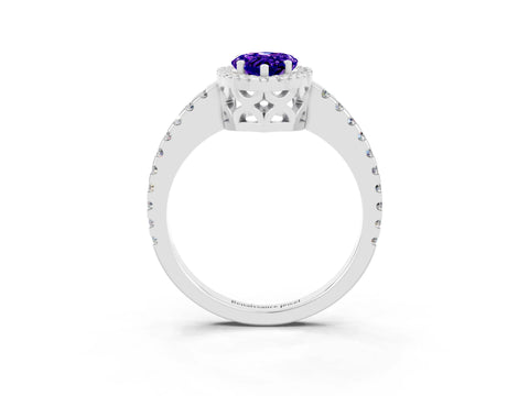 White gold Pear Cut Tanzanite Halo Engagement Ring with Pavé Band and Prong Setting_15