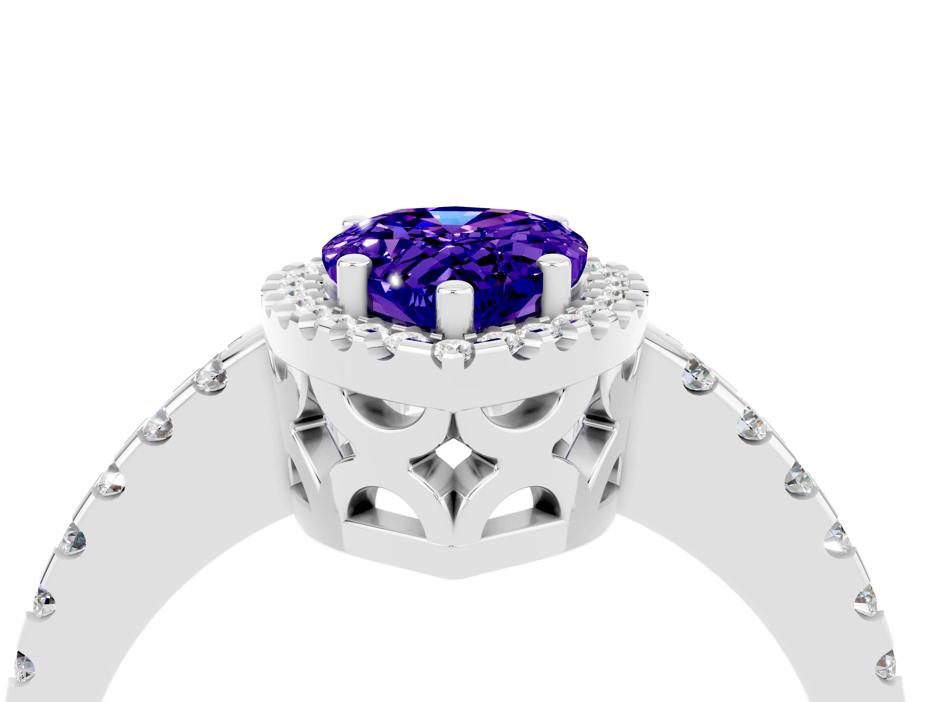 White gold Pear Cut Tanzanite Halo Engagement Ring with Pavé Band and Prong Setting_16