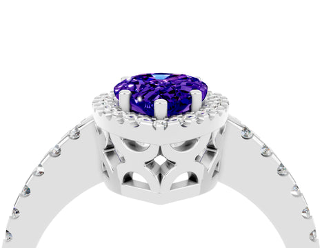 White gold Pear Cut Tanzanite Halo Engagement Ring with Pavé Band and Prong Setting_16