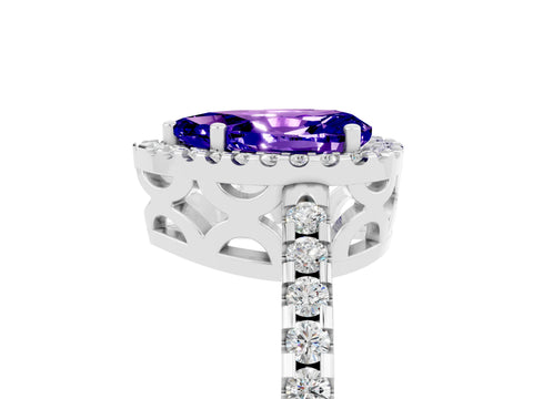 White gold Pear Cut Tanzanite Halo Engagement Ring with Pavé Band and Prong Setting_17